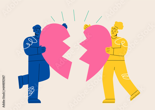 Man and woman carry halves of a heart. Colorful vector illustration