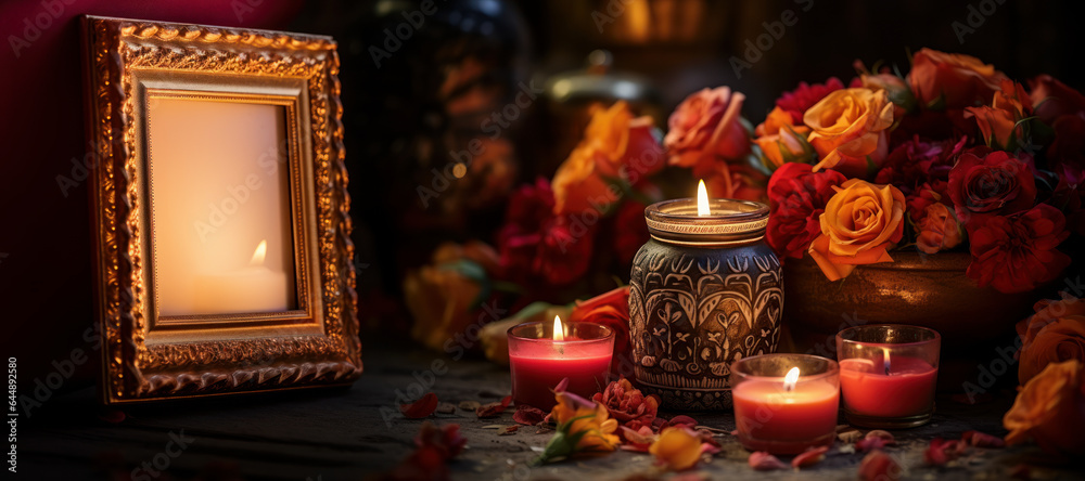 Small altar in tribute to our deceased relatives in the Day of the Dead celebration, candles with flowers with an empty photo frame,Halloween,mockup