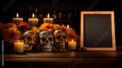 Empty chalkboard for writing decoration for the dia de los muertos celebration, restaurant menu,mockup,Halloween copy space
