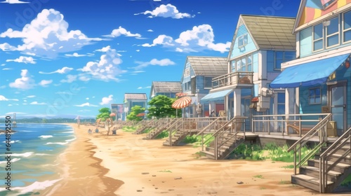 Anime Seaside Town with Colorful Beach Huts and Sparkling Blue Ocean.