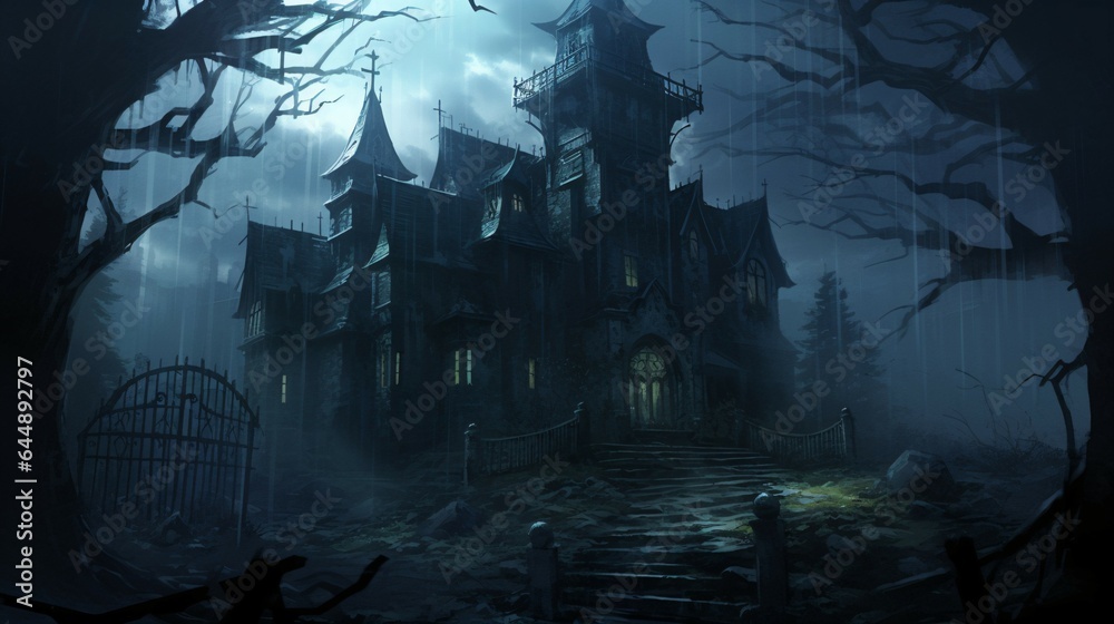 Anime Haunted Mansion, Shrouded in Darkness and Eerie Mist.