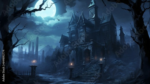 Anime Haunted Mansion, Shrouded in Darkness and Eerie Mist.