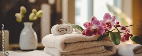 Towels, flowers in massage room in modern spa salon.