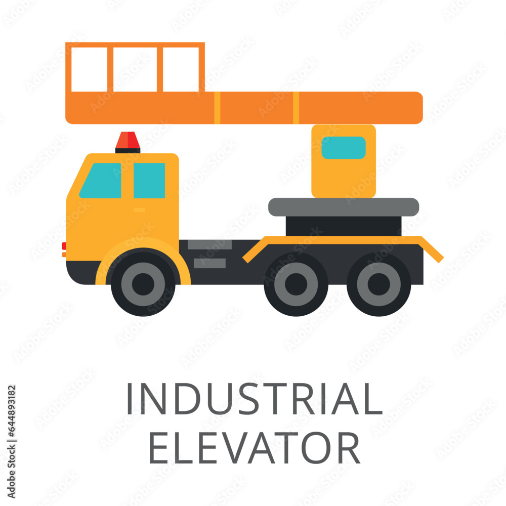 Side view of yellow industrial elevator flat vector icon. Cartoon drawing or illustration of heavy machinery or equipment for construction work on white background. Industry, technology concept
