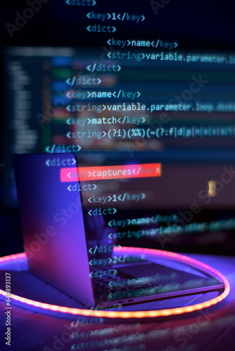 Obraz w ramie SEO optimization. Modern tech. PHP syntax highlighted. Writing programming functions on laptop. Big data and Internet of things trend.