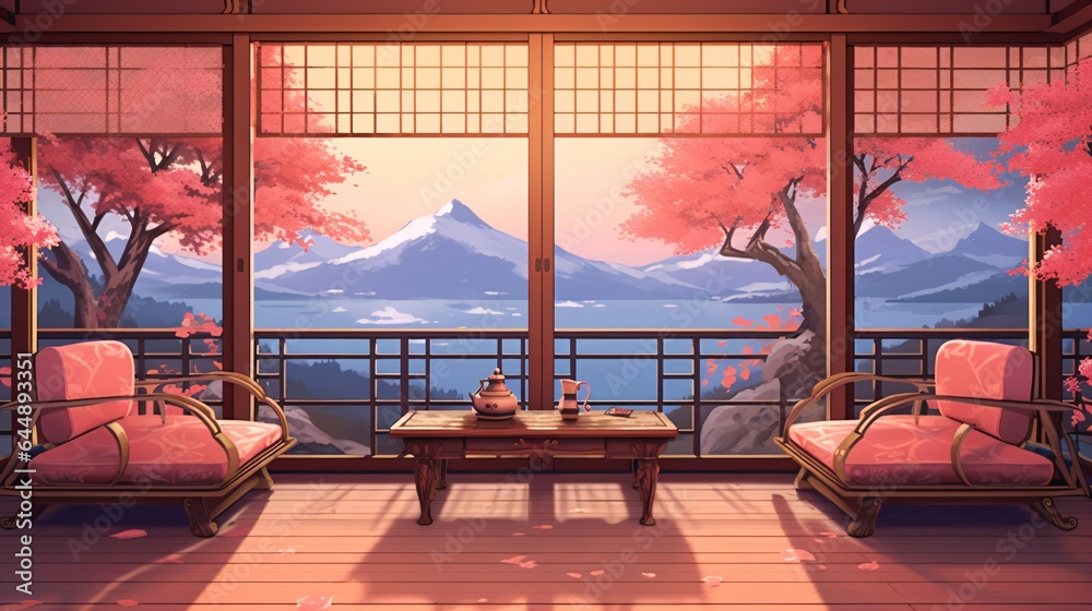 Fototapeta premium Japanese Room with Cloudy Sky View, Pink and Red Decor.