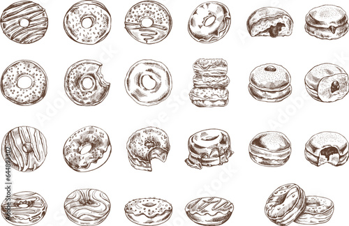 A set of hand-drawn sketches of donuts. Vintage illustration. Pastry sweets, dessert. Element for the design of labels, packaging and postcards.