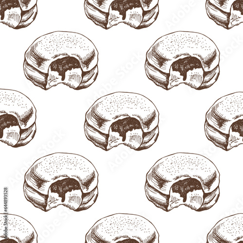 Seamless pattern of a traditional German or Polish donut with jam, dusted. Hand drawn sketch. Vintage illustration. Pastry sweets, dessert. Element for the design of labels, packaging and postcards.