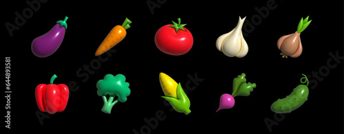 Inflatable Vegetables. Inflated 3D element with the plasticine effect. Set icon eggplant, carrot, tomato, garlic, onion, pepper, broccoli, corn, radish, cucumber. Vector illustration