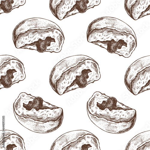 Seamless pattern of a traditional German or Polish donut with jam, dusted. Hand drawn sketch. Vintage illustration. Pastry sweets, dessert. Element for the design of labels, packaging and postcards.