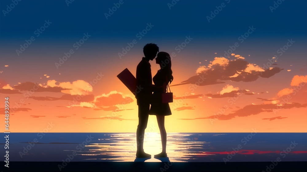 Fototapeta premium Teenage Anime couple Kissing Silhouette on Beach, Love, Romantic Film Poster.