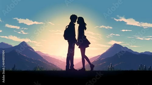 Teenage Anime couple Kissing Silhouette on mountain, Love, Romantic Film Poster.