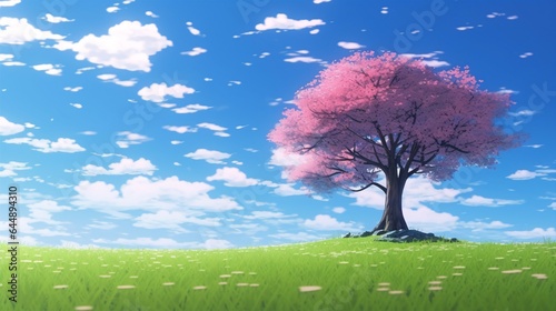  Cherry Blossom Tree in Lush Green Field - Anime landscape.