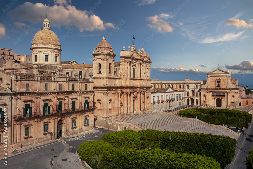 Noto, Sicily, Italy. Aerial cityscape image of historical city of Noto, Sicily with Noto Cathedral at sunny day.