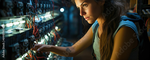 A white European female electrician showcases her expertise, meticulously connecting cables within an electric box, embodying professionalism and skill.