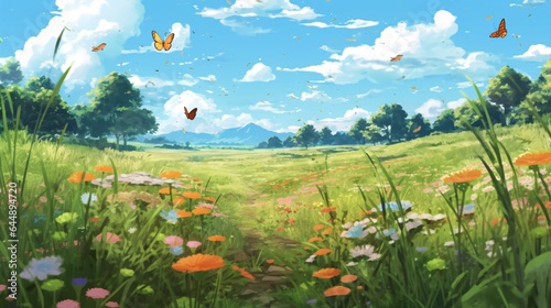  Anime Meadow - Blooming Wildflowers, Butterflies, Birdsong.