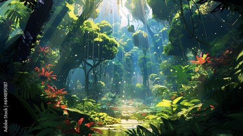 Anime Rainforest - Lush Flora and Fauna, Sunlight Piercing Canopy, Vibrant Jungle Scene.