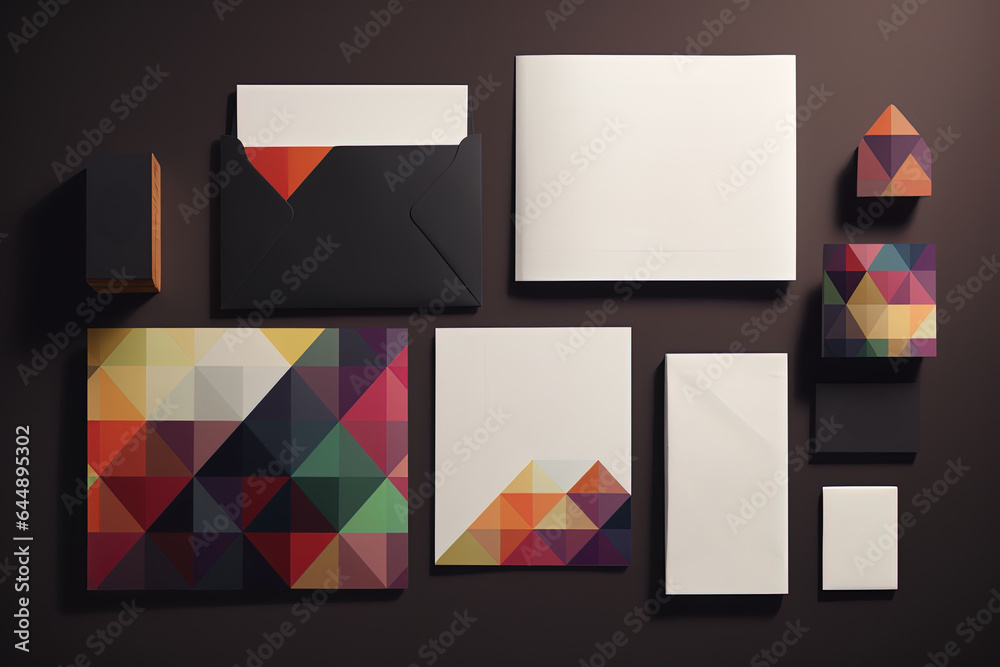 Mock ups with geometric-inspired packaging and business cards, contributing to a brand identity