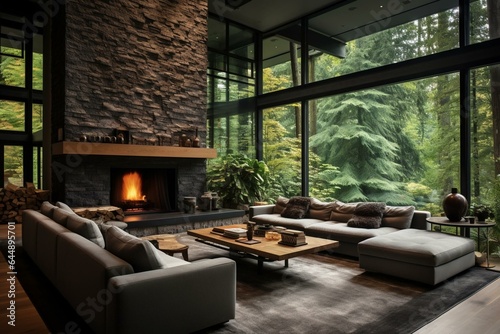 Contemporary living room with a fireplace and woodland views. Generative AI