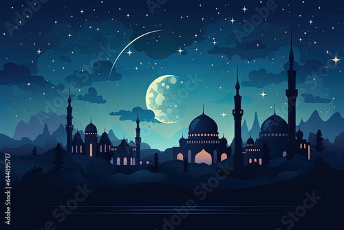 Illustration of the atmosphere of Ramadan nights with a mosque under a starry sky