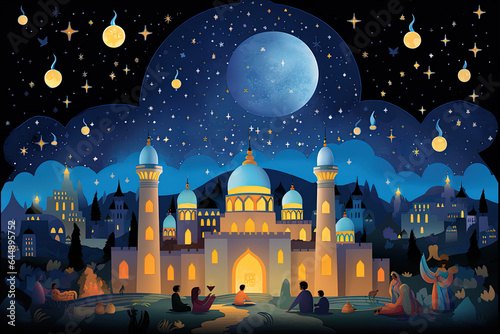 Illustration of the atmosphere of Ramadan nights, with a mosque, families and individuals