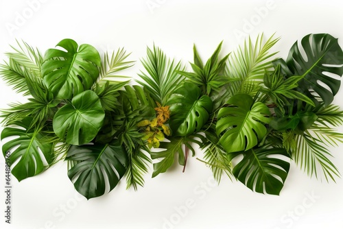 Tropical leaves arrangement with monstera and palm leaves on white background. Generative AI