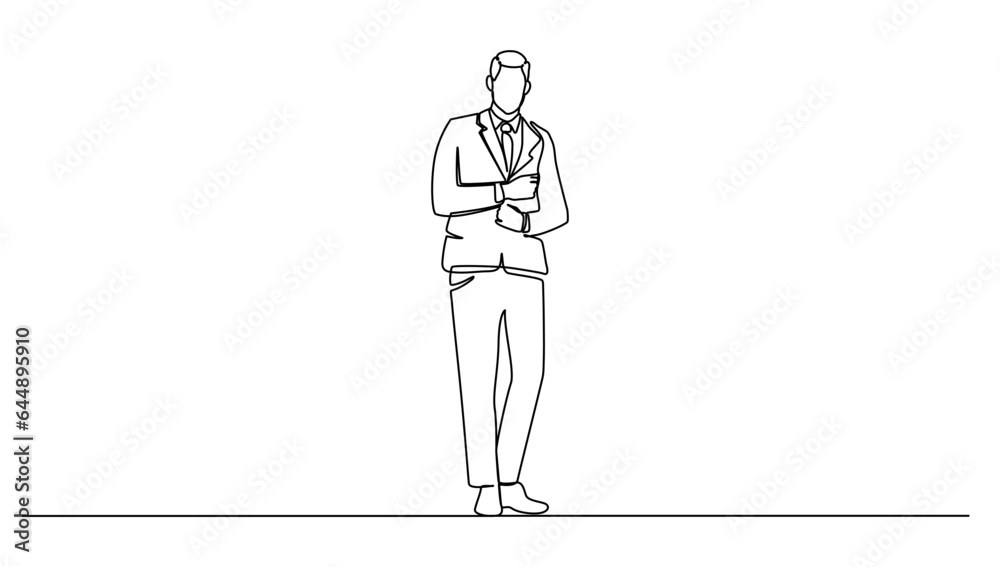 continuos lineart drawing business man standing holding a cuffy, vector illustration