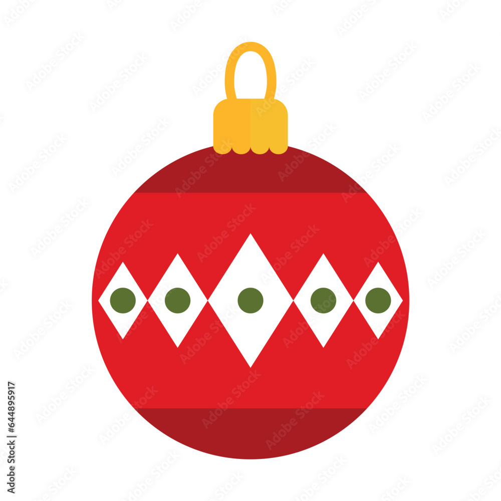 Obraz premium Red Christmas toy vector. Red glass ball patterned with diamonds and dots. Multicolored flat vector icon representing celebration concept isolated on white background