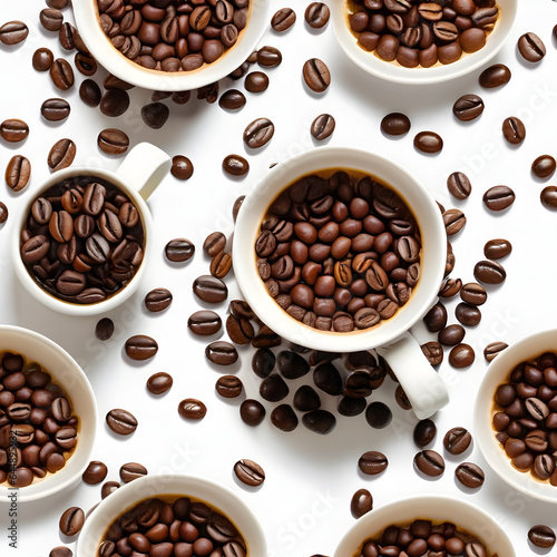 Pattern of Coffee cups and beans on a white background.
