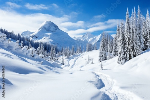 Winter wonderland scenery featuring snow-covered trees and towering mountains. Generative AI