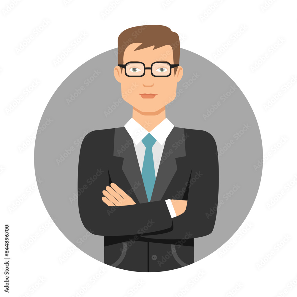 Male businessman in business suit. Man crossing his arms over his chest. Multicolored flat vector circle icon representing man activities and professions concept isolated on white background