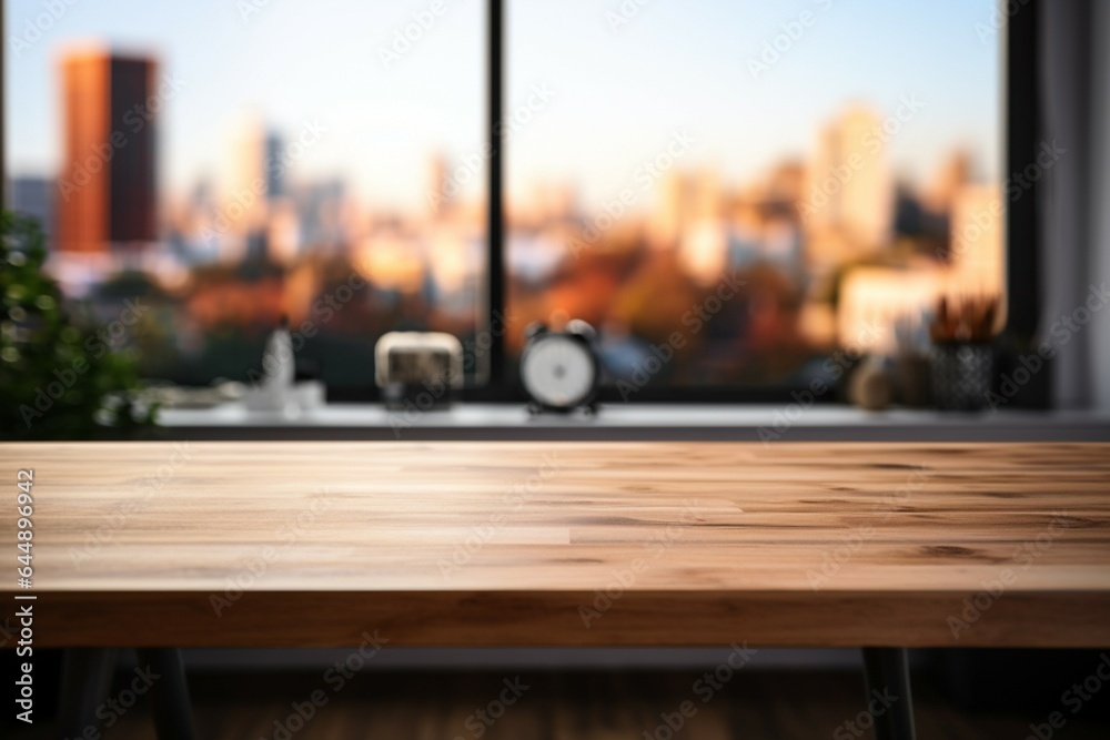 A wooden table, void of clutter, set against a modern office backdrop