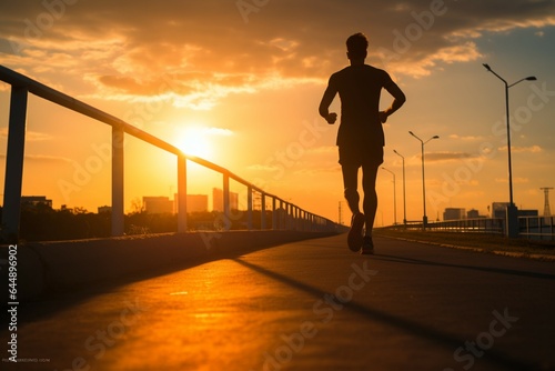 A silhouette of a young fitness enthusiast jogging against a stunning sunrise © Muhammad Shoaib