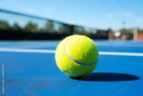 A vibrant yellow ball rests on a professional racket on a blue tennis court carpet