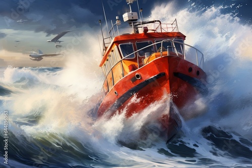Fast rescue boat battling turbulent waves. Illustration of emergency responders in action at sea. Generative AI