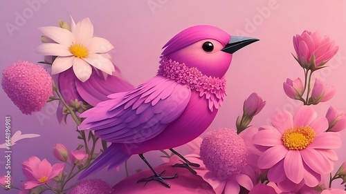 Vividly Abstracted, A 3D Styled Colorful Illustration Image with Birds and Flowers