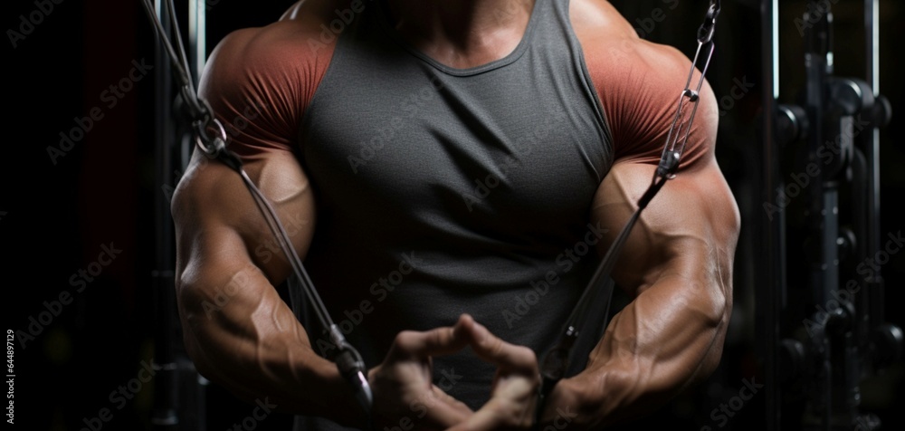 Focused on the cable crossover, a bodybuilders powerful, cropped arms shine
