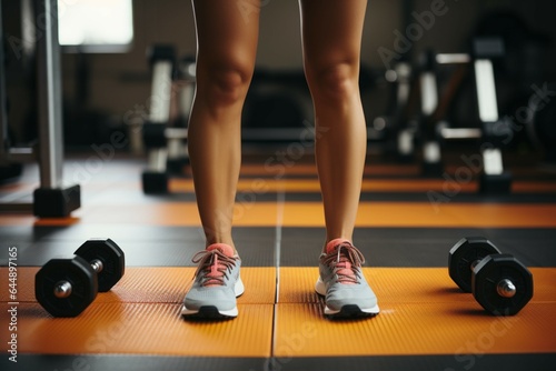 In a modern gym, two dumbbells lie beside a female foot, epitomizing fitness