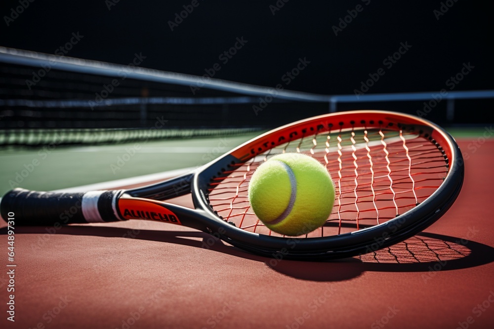 Tennis essentials on a newly painted court racket, ball, and excitement