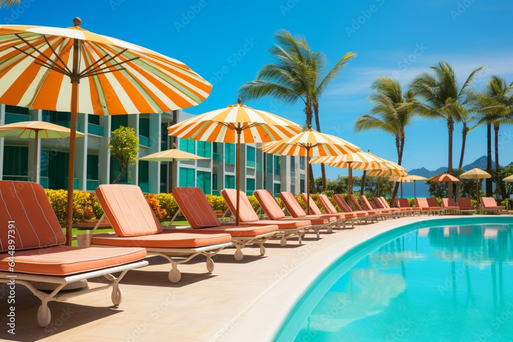 Vibrant poolside umbrellas provide shade for comfortable lounging chairs around the pool