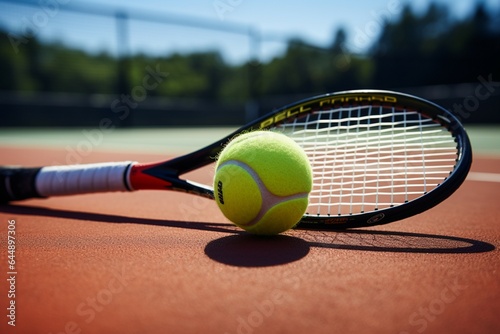 Tennis essentials on a newly painted court racket, ball, and excitement