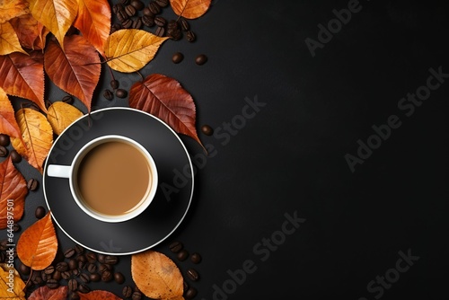 A cup of coffee and maple leaves top view. Autumn flat lay on a dark background with a place for text. AI generative