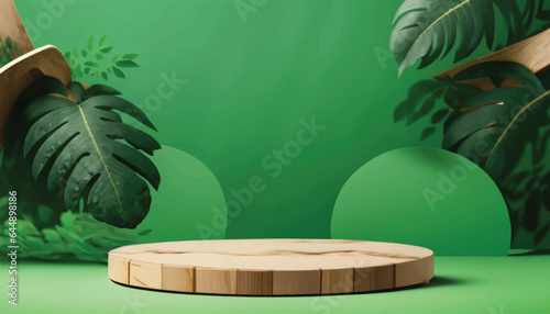 Vector Minimal modern product display on green background. Wood slice podium and green leaves. Concept scene stage showcase for new product, promotion, cosmetic, sale, banner, presentation.