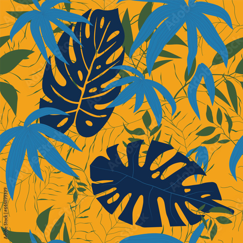 Beautiful bright seamless vector tropical leaves. Modern exotic jungle and plants.