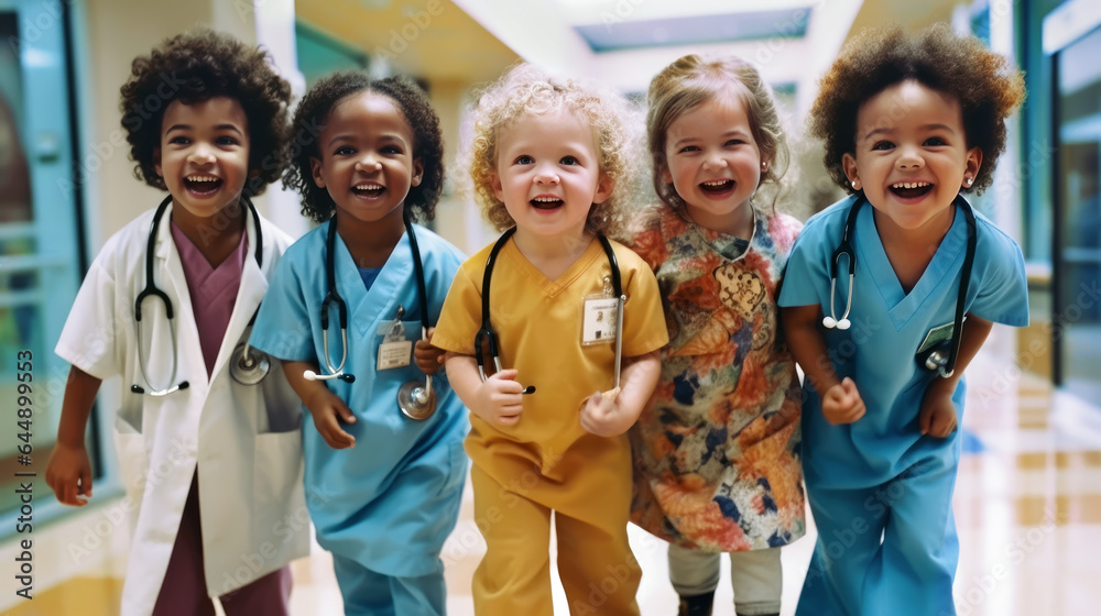 Education Medical in the Medical school of future doctors. Little girls dressed in medical gowns and stethoscopes at school playing doctors. Generative Ai - obrazy, fototapety, plakaty 