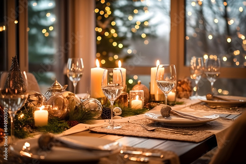 Beautiful Christmas dinner table setting at cozy home atmosphere