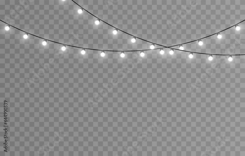 Vector Christmas lights. Christmas garland PNG. Christmas lights PNG. Christmas decoration, LED lamps. Garland with white lights.