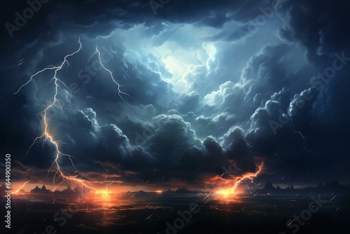 Rainy clouds with 3D effect and lightning. Generative AI