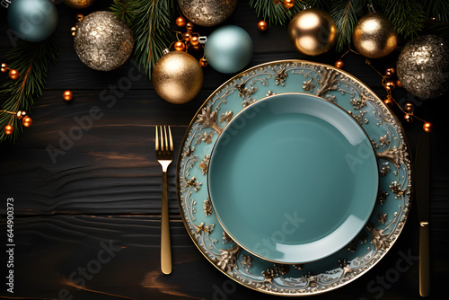 Flat lay detail of beautiful Christmas dinner table setting