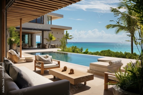 Stylish oceanfront residence boasting modern design  beach access  and a personal pool. Generative AI